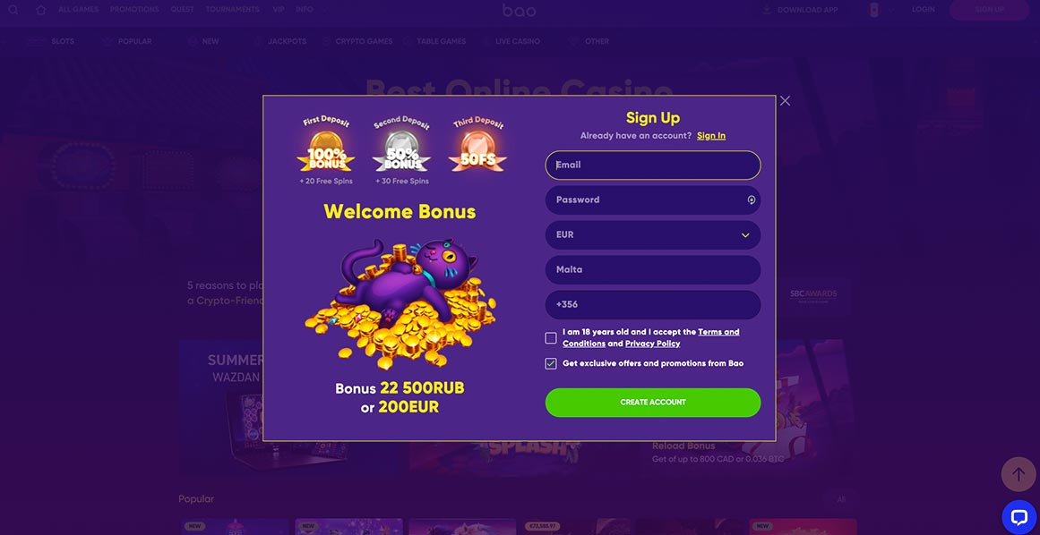 Create Account at Bao Casino