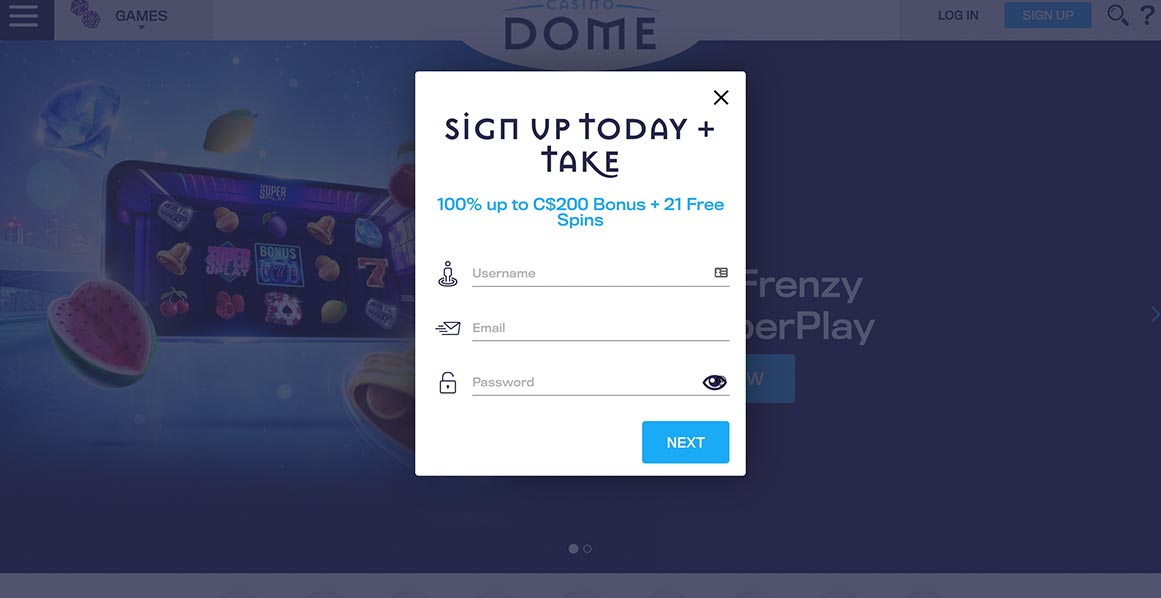 Sign up process at Casino Dome