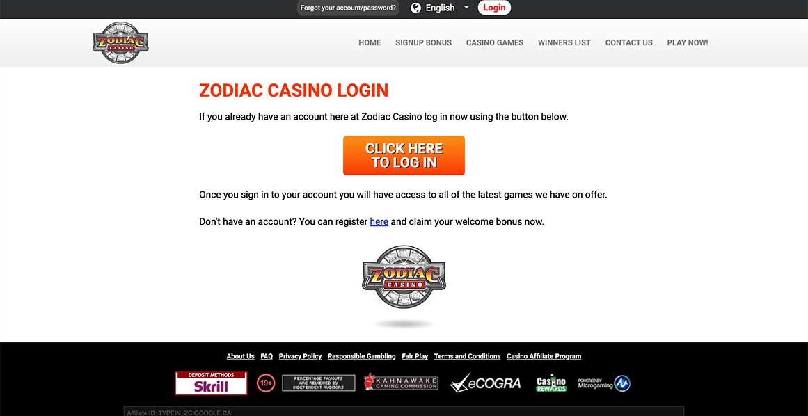 Login at Zodiac Casino Canada