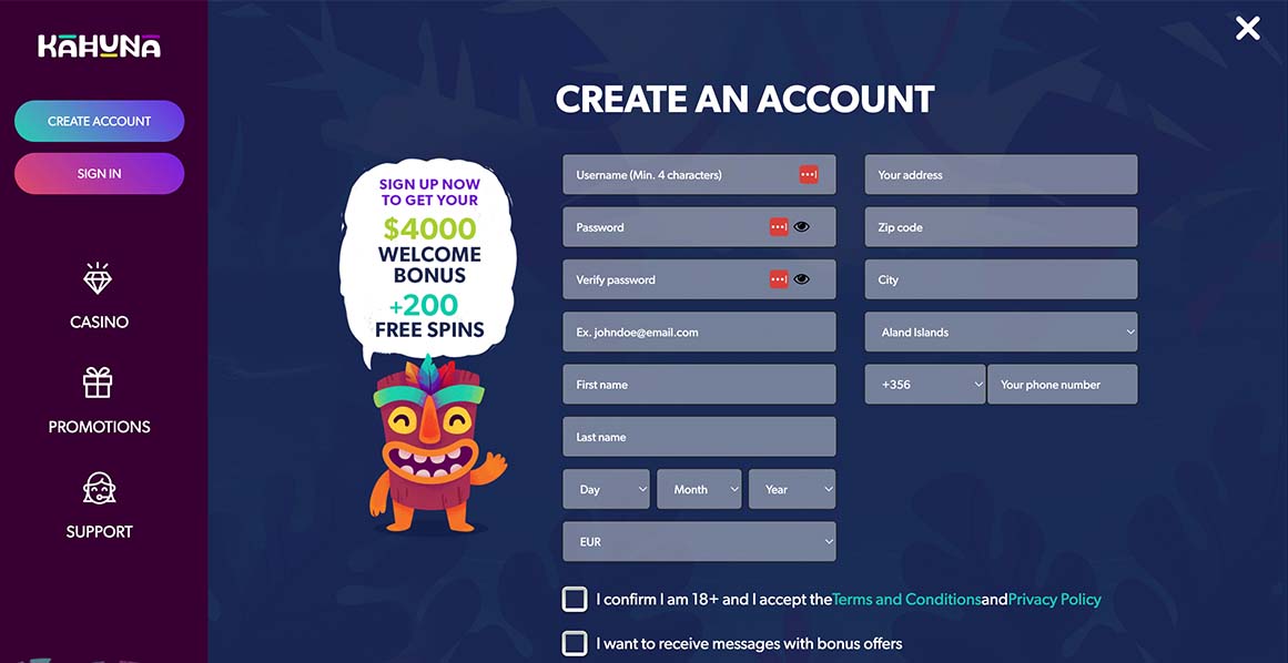 Create an account at Kahuna Casino