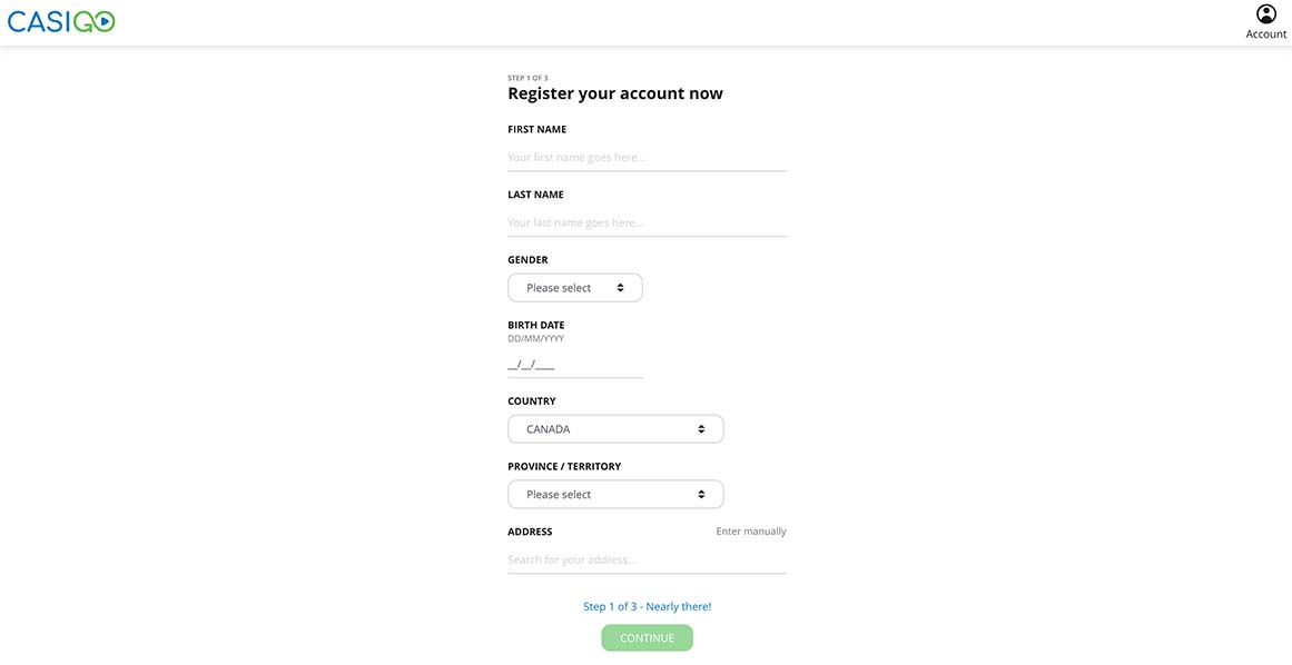 Create an account at Casigo