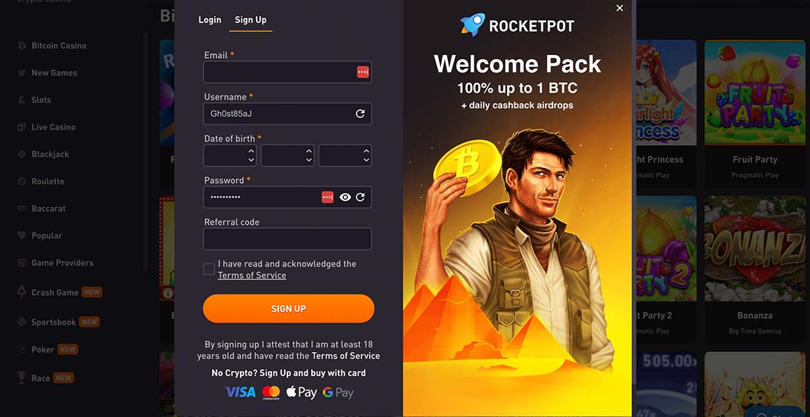 Create an account at Rocketpot