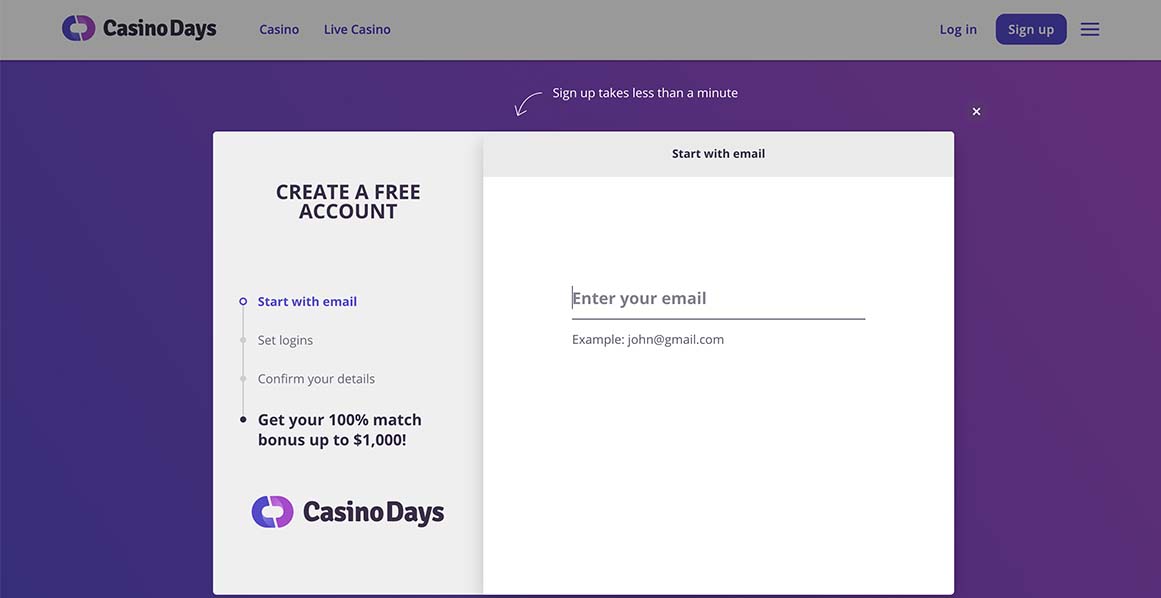 Create an account at Casino Days