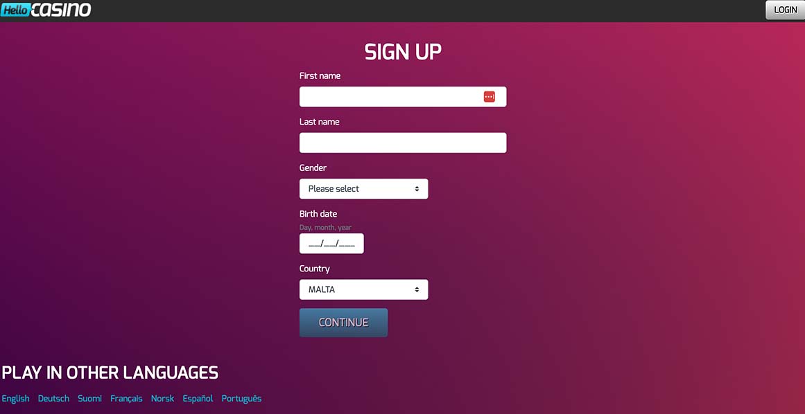 Create and account at Hello Casino