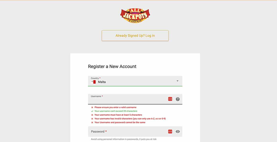 Create account at All Jackpots Casino