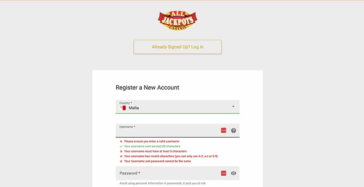 Create account at All Jackpots Casino