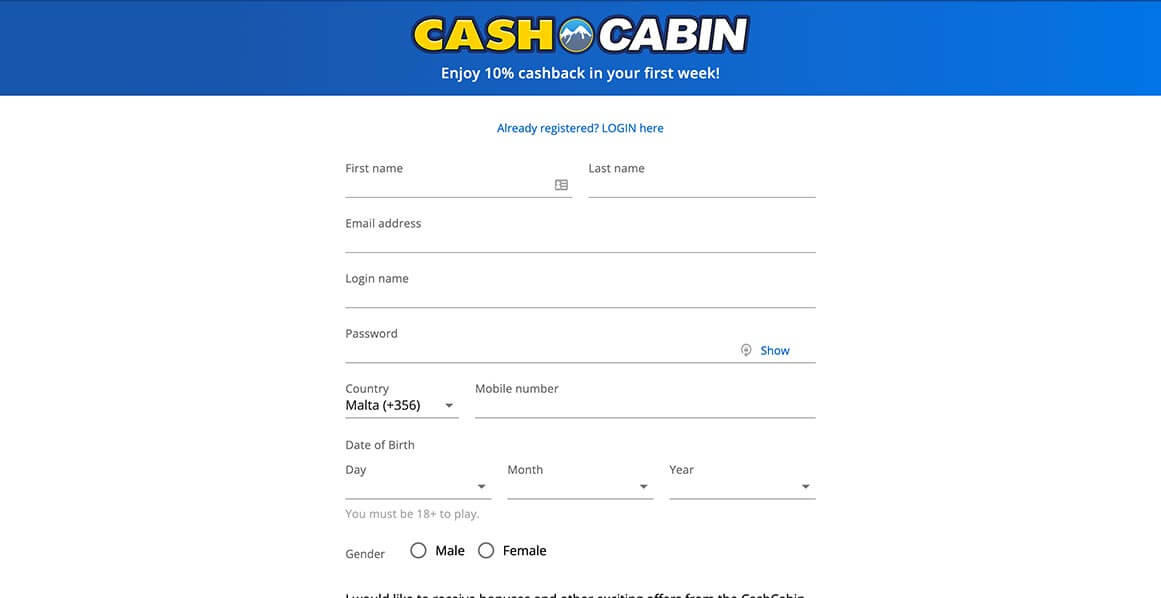 Open an Account at Cash Cabin